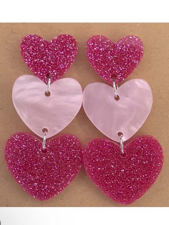 Fashion Jewelry Jewelry - Pink Triple Layer Acrylic Sparkling Heart Earrings Fashion Jewelry